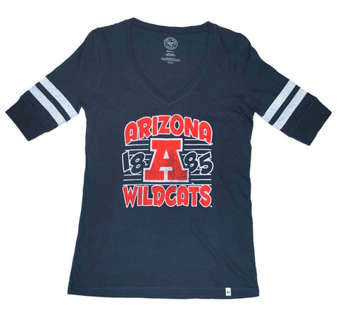 Arizona Wildcats 47 Marken-Damen-T-Shirt(e) in Marineblau und Rot mit halben Ärmeln und V-Ausschnitt – sportlich