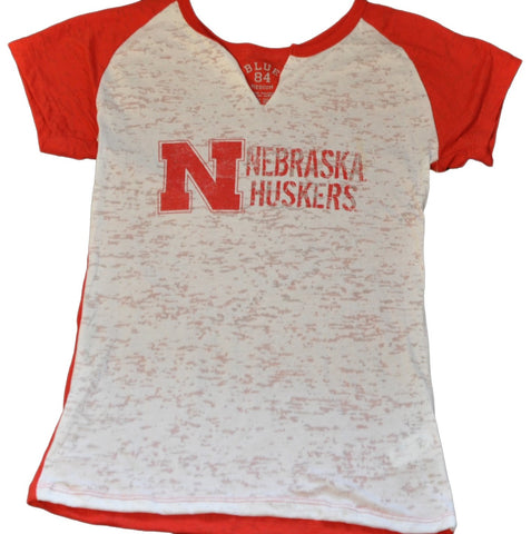 Nebraska Cornhuskers Blue 84 Womens Ripped V-Neck Contrast White T-Shirt (M) - Sporting Up