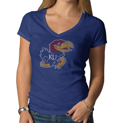 Shop Kansas Jayhawks 47 Brand Scrum Basic Bleacher Blue Womens V-Neck T-Shirt - Sporting Up