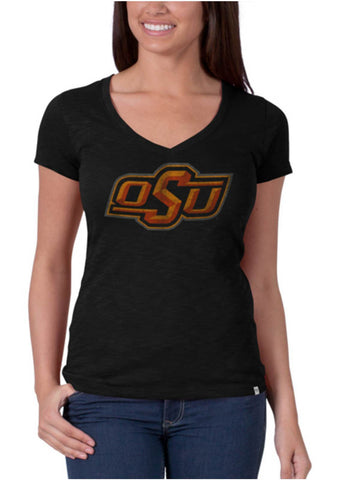 T-shirt mêlée à col en V noir de jais pour femmes de la marque 47 des Cowboys de l'État d'Oklahoma - Sporting Up