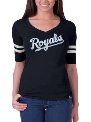 Shop Kansas City Royals 47 Brand Women Navy Flanker Half Sleeve V-Neck T-Shirt - Sporting Up