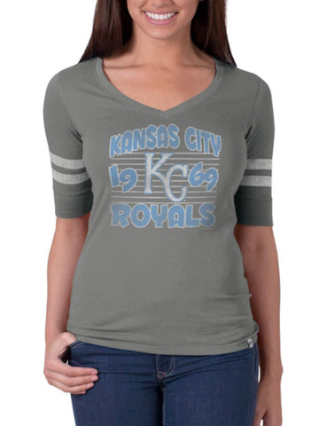 Kansas City Royals 47 Brand Damen Graues Flanker T-Shirt mit halben Ärmeln und V-Ausschnitt – sportlich
