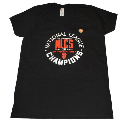 Shoppen Sie das San Francisco Giants Saag Damen-T-Shirt „2014 NLCS Champions Circle“ in Schwarz mit V-Ausschnitt – sportlich