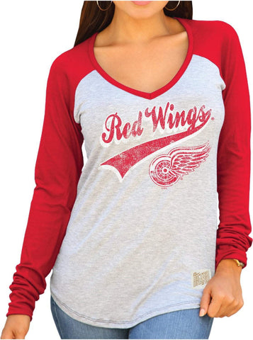 Shop Detroit Red Wings Retro Brand Women Two Tone V-Neck Long Sleeve T-Shirt - Sporting Up