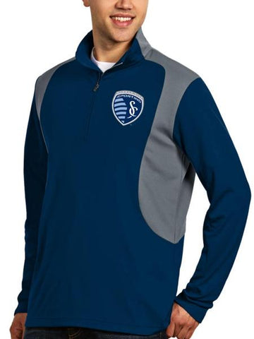 Shop Sporting Kansas City KC Antigua Navy Gray Delta 1/4 Zip Pullover Jacket - Sporting Up