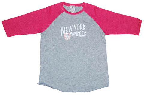 Shop New York Yankees SAAG Youth Girls Gray Pink 3/4 Sleeve Baseball T-Shirt - Sporting Up