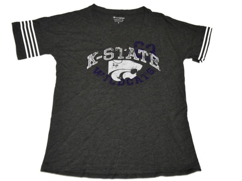 T-shirt gris à manches quart et col en V pour femme, champion des Wildcats de l'État du Kansas (m) - Sporting Up
