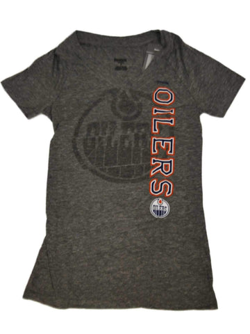Kaufen Sie „Edmonton Oilers“ Reebok Damen-T-Shirts aus grauem, verblasstem Logo mit V-Ausschnitt und Tri-Blend – sportlich