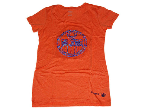 Shoppen Sie das Reebok Damen-T-Shirt „Edmonton Oilers“ mit orangefarbenem Perlenlogo und angeschnittenen Ärmeln – sportlich