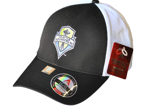 Shop Seattle Sounders Antigua Black White Performance Technical Fit Phase Hat Cap - Sporting Up