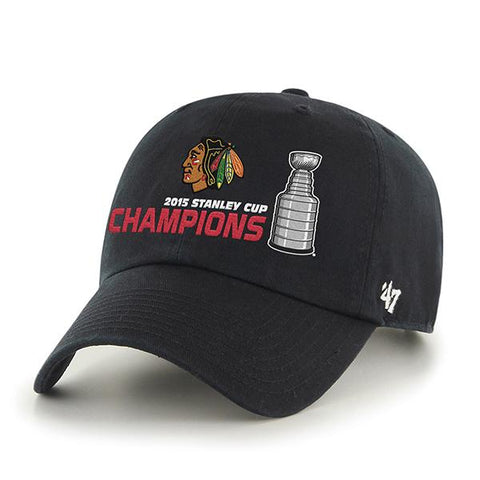 Shop Chicago Blackhawks 2015 NHL Stanley Cup Champs Black Trophy 47 Brand Adj Hat Cap - Sporting Up