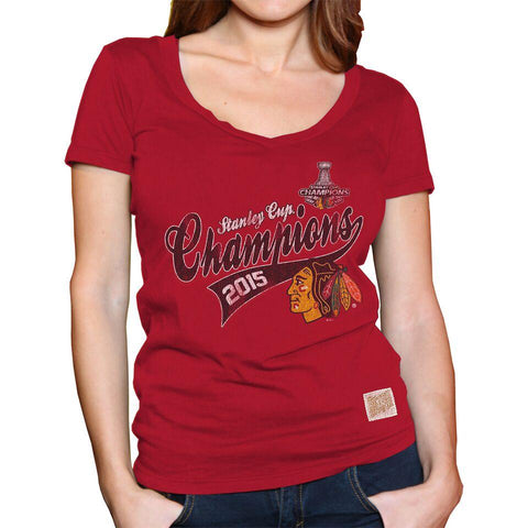 Shoppen Sie das rote Damen-T-Shirt „Chicago Blackhawks Retro Marke 2015 Stanley Cup Champions“ – sportlich
