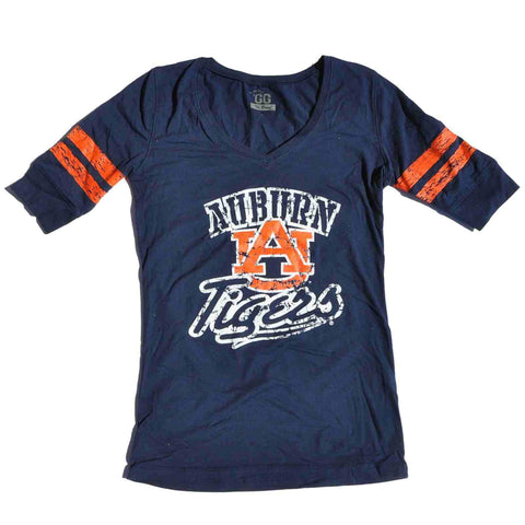 Auburn Tigers Glitter Gear Damen Navy Pep Rally 1/2-Ärmel langes T-Shirt mit V-Ausschnitt – sportlich
