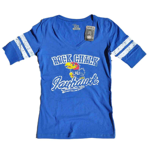 Shoppen Sie Kansas Jayhawks Glitter Gear Damen Blau Pep Rally 1/2 Ärmel langes T-Shirt mit V-Ausschnitt – sportlich