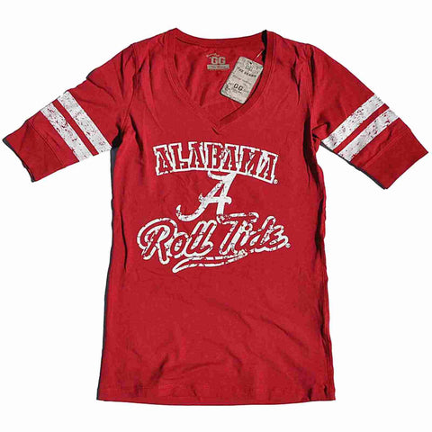 Alabama Crimson Tide Glitter Gear Women Red 1/2 Sleeve Long V-Neck T-Shirt - Sporting Up