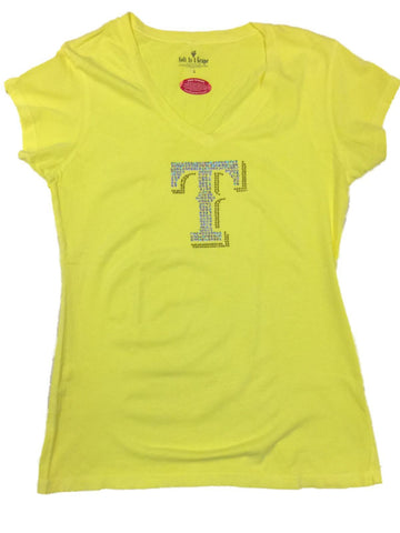 Compre camiseta de algodón suave con cuello en V y lentejuelas amarillas neón para mujer saag de los texas rangers - sporting up