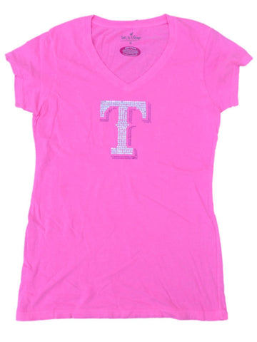 Shop Texas Rangers SAAG Women Neon Pink Sequin "T" Soft Cotton V-Neck T-Shirt - Sporting Up