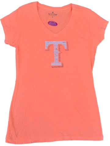 Texas Rangers saag camiseta con cuello en V de algodón suave con lentejuelas naranja neón para mujer - sporting up