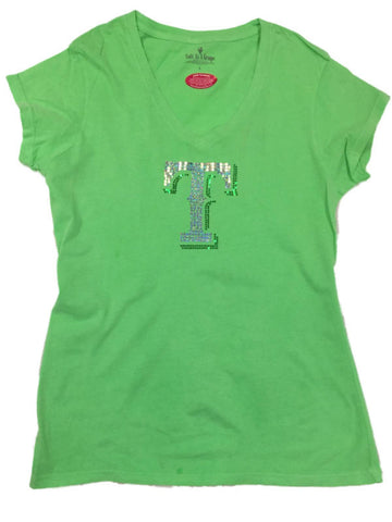 Compre camiseta de algodón suave con cuello en V "t" de lentejuelas verde neón para mujer saag de los texas rangers - sporting up