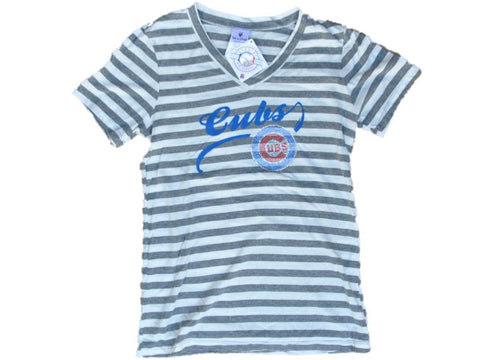 Shop Chicago Cubs SAAG Women Gray Striped Soft Triblend V-Neck T-Shirt - Sporting Up