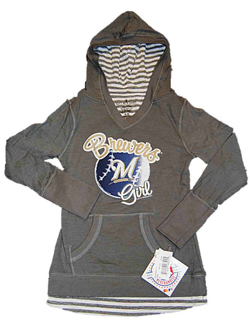 Shop Milwaukee Brewers SAAG Youth Girls Gray Hooded Long Sleeve Pullover T-Shirt - Sporting Up