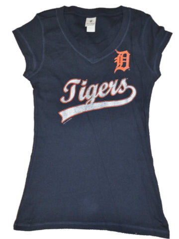 Detroit Tigers Saag Damen-T-Shirt aus weicher Baumwolle mit V-Ausschnitt in Marineblau mit Distressed-Logo – sportlich