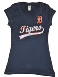 Detroit Tigers SAAG Women Navy Distressed Logo Soft Cotton V-Neck T-Shirt - Sporting Up