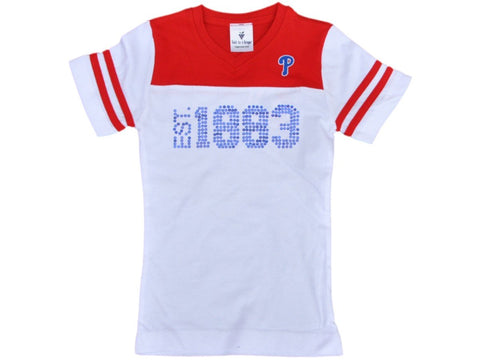 Kaufen Sie „Philadelphia Phillies Saag“-Jugendmädchen-T-Shirt aus weicher Baumwolle mit V-Ausschnitt in Weiß und Rot – sportlich