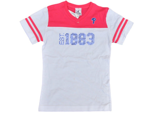Philadelphia Phillies Saag Jugendmädchen-T-Shirt aus weiß-rosafarbener Baumwolle mit V-Ausschnitt – sportlich