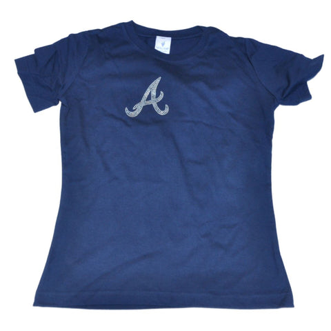 Atlanta Braves SAAG Women Navy Rhinestone Logo Crew Neck T-Shirt