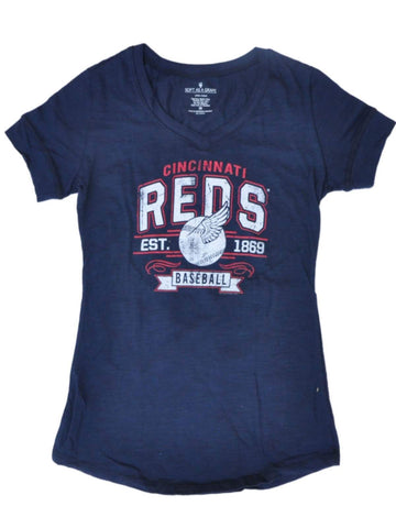 Kaufen Sie Cincinnati Reds Saag Damen-T-Shirt aus Baumwolle mit V-Ausschnitt in Marineblau mit Baseballflügeln – sportlich