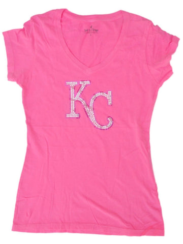 Shop Kansas City Royals SAAG Women Neon Pink Sequin Cotton V-Neck T-Shirt - Sporting Up