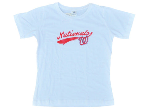 Shop Washington Nationals SAAG Women White Distressed Logo Soft Cotton T-Shirt - Sporting Up