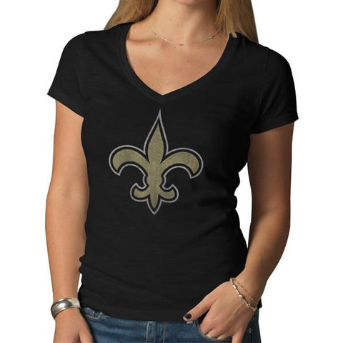 Shoppen Sie das schwarze Scrum-T-Shirt der Marke New Orleans Saints 47 aus weicher Baumwolle für Damen mit V-Ausschnitt – sportlich