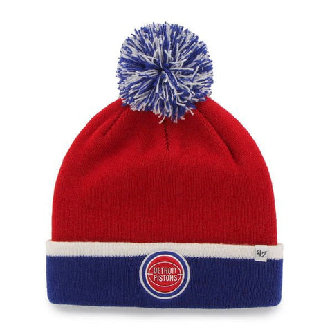 Boutique Detroit Pistons 47 Brand Red Blue Baraka Retro 1975 Cuff Poofball Beanie Hat Cap - Sporting Up