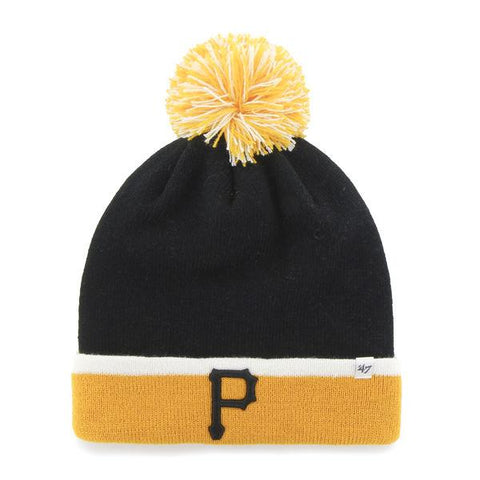 Compre pittsburgh pirates 47 brand black gold baraka knit cuff poofball beanie hat cap - sporting up