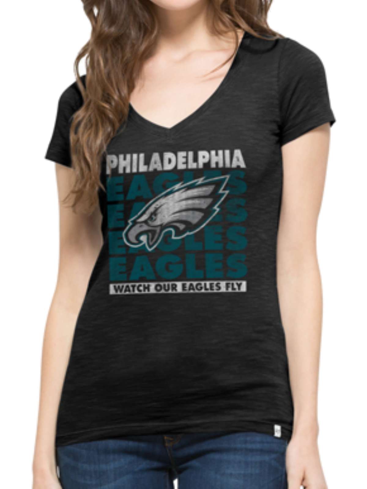 Philadelphia Eagles 47 Brand Women Black Eagles Fly V-Neck Scrum T-Shirt