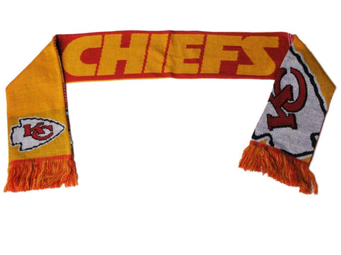 Shop Kansas City Chiefs FC Red Gold Reversible Split Logo Acrylic Knit Winter Scarf - Sporting Up