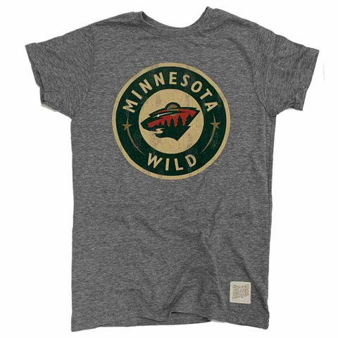 Shop Minnesota Wild Retro Brand Gray Tri-Blend Distressed Logo Short Sleeve T-Shirt - Sporting Up