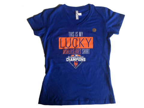 Shoppen Sie das blaue „2015 World Series Lucky“-T-Shirt mit V-Ausschnitt für Damen von New York Mets Saag – sportlich