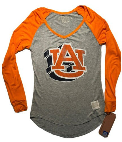 Auburn Tigers Retro-Marken-Damen-T-Shirt in Orange, zweifarbig, mit V-Ausschnitt und langen Ärmeln – sportlich