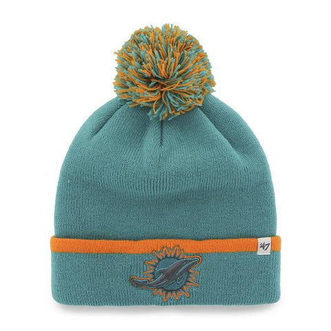 Shop Miami Dolphins 47 Brand Teal Orange Baraka Knit Cuffed Poofball Beanie Hat Cap - Sporting Up