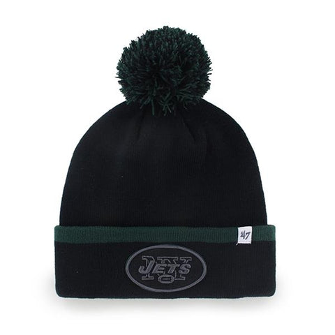 Shop New York Jets 47 Brand Black Green Baraka Knit Cuffed Poofball Beanie Hat Cap - Sporting Up