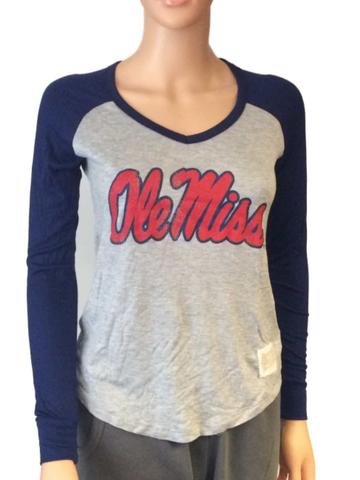 Kaufen Sie Ole Miss Rebels Retro-Marken-Damen-T-Shirt in Marineblau mit zweifarbigem V-Ausschnitt und langen Ärmeln – sportlich