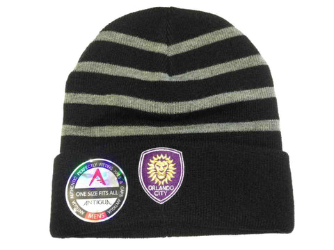 Shop Orlando City SC Antigua MLS Black and Gray Striped Crisp Beanie Hat Cap - Sporting Up