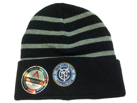 Shop New York City FC Antigua MLS Black and Gray Striped Crisp Beanie Hat Cap - Sporting Up