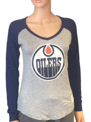 Kaufen Sie Edmonton Oilers Retro-Damen-T-Shirt in Marineblau mit zweifarbigem V-Ausschnitt und langen Ärmeln – sportlich
