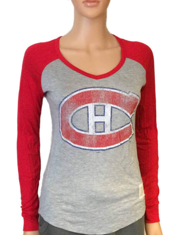 Shoppa montreal canadiens retro märke kvinnor röd tvåfärgad v-ringad ls t-shirt - sportig upp