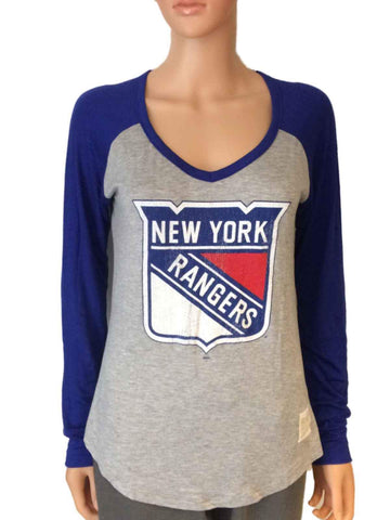 T-shirt à manches longues bleu bicolore à col en V pour femme de marque rétro des Rangers de New York - Sporting Up