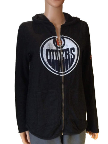 Edmonton oilers retro brand mujer chaqueta con capucha negra con cremallera y mezcla cuádruple - sporting up